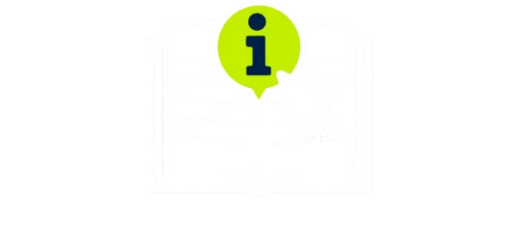 Icon zeigt ein aufgeschlagenes Buch mit dem Info-Zeichen, das mit einer Computer-Maus angeklickt wird. 