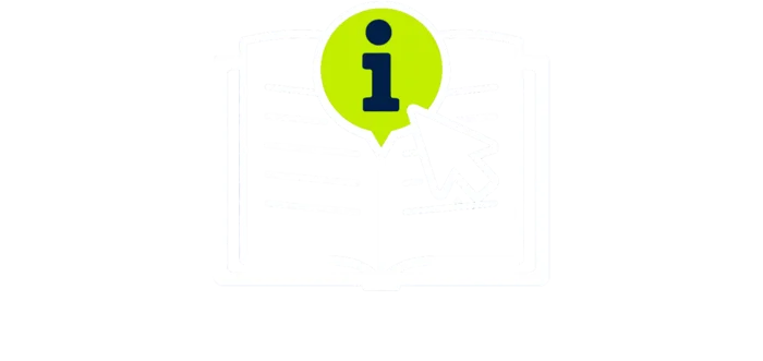 Icon zeigt ein aufgeschlagenes Buch mit dem Info-Zeichen, das mit einer Computer-Maus angeklickt wird. 