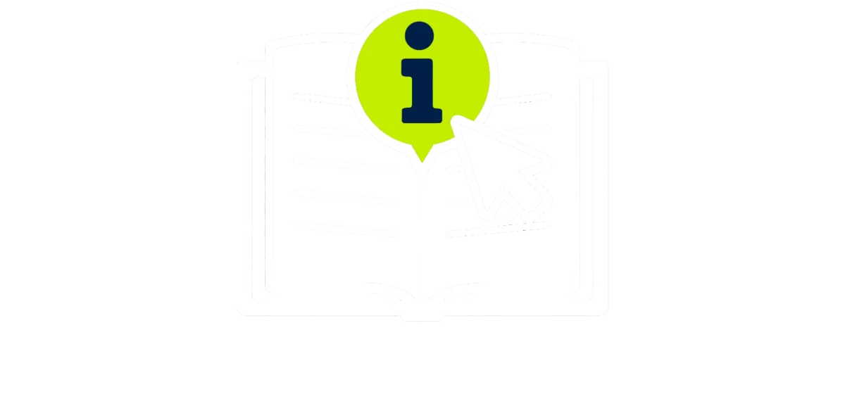 Icon zeigt ein aufgeschlagenes Buch mit dem Info-Zeichen, das mit einer Computer-Maus angeklickt wird. 